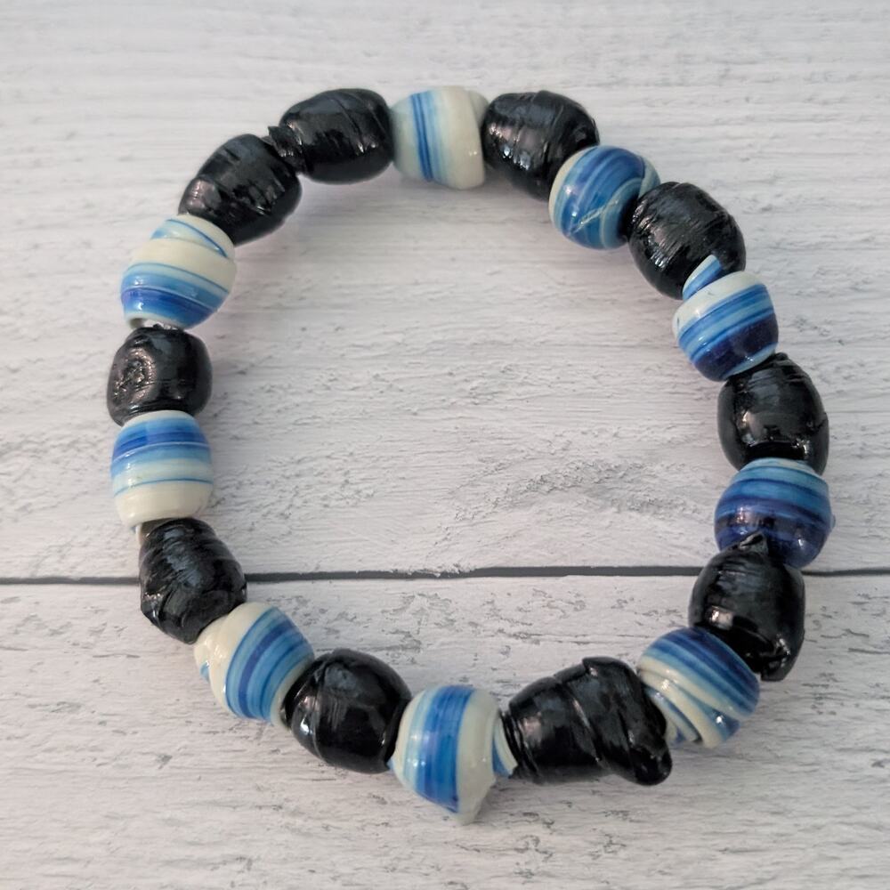 Vintage Stretch Bracelet - Blue, Cream, Black Tones